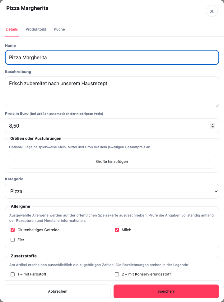 Court processing in the Details tab with separate selection fields for allergens and additives based on fictitious product data.