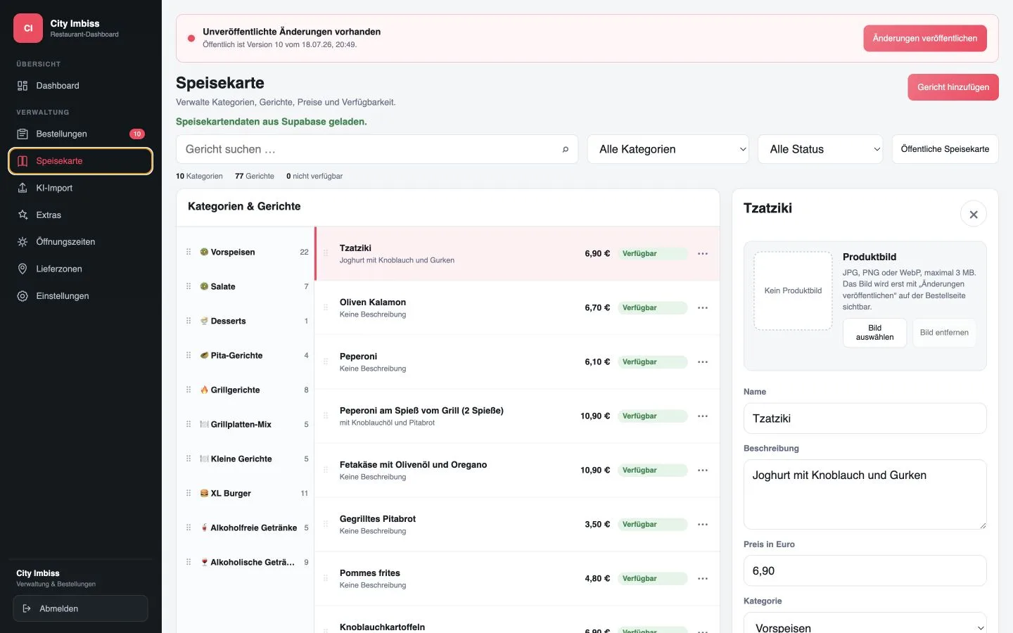 Real gastrosprint menu management with categories, dishes, prices and processing form