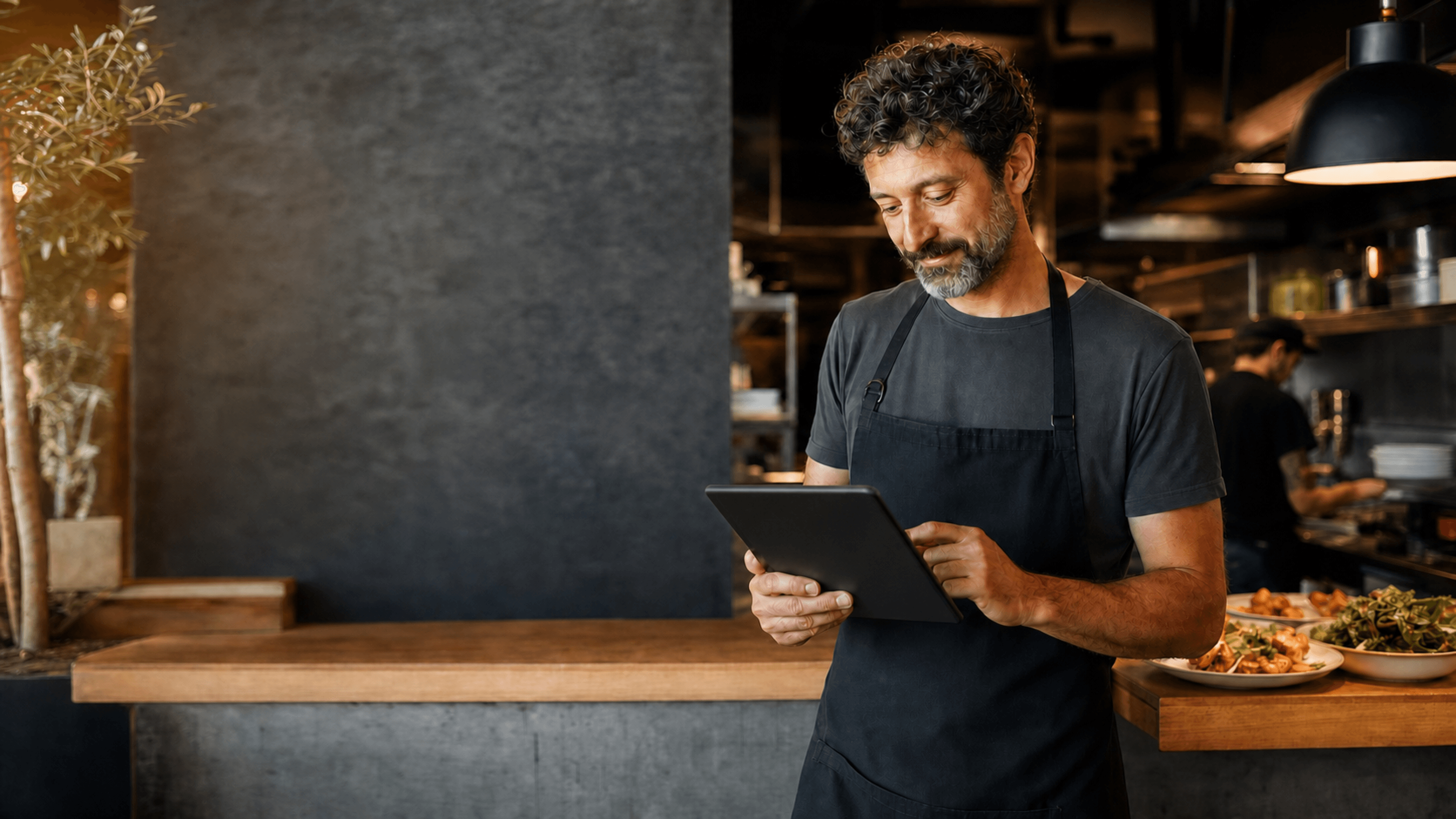 Restaurant owner works on the tablet in his restaurant