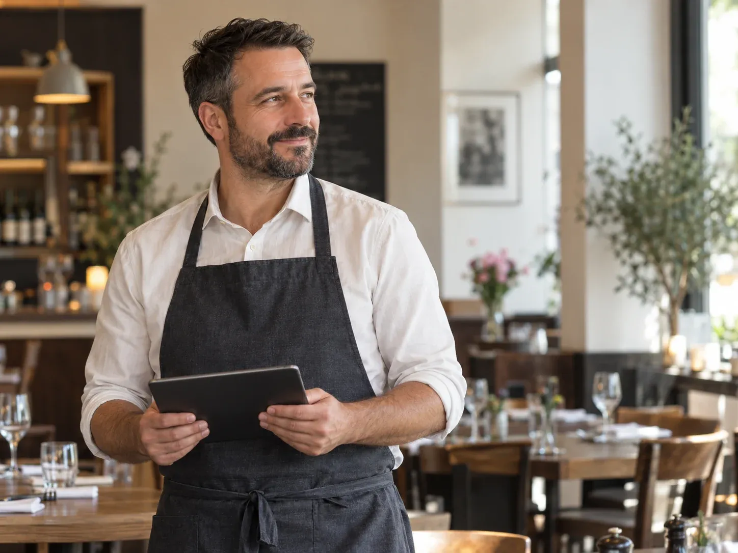 Restaurantbesitzer hält ein Tablet und blickt nach rechts zum begleitenden Text