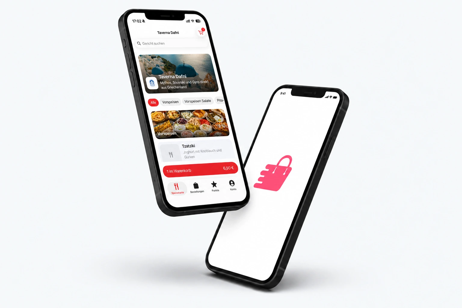 Taverna Dafni app with menu and GastroSprint logo on two iPhones
