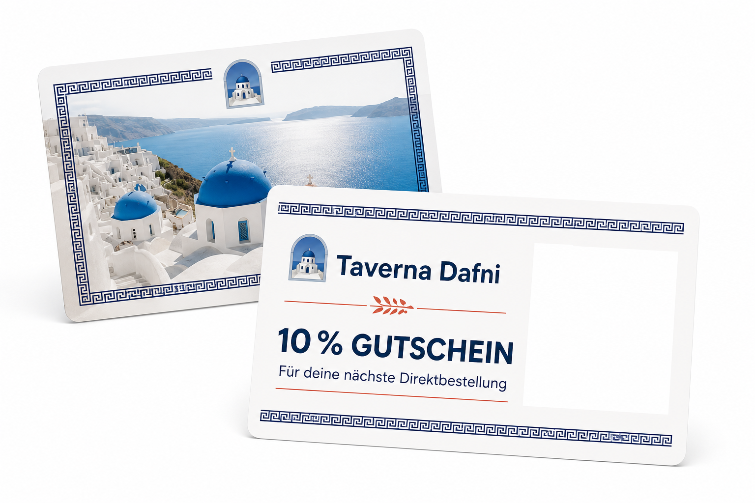 Taverna Dafni voucher card with 10 percent voucher and QR code in front of a second card with a Santorini motif
