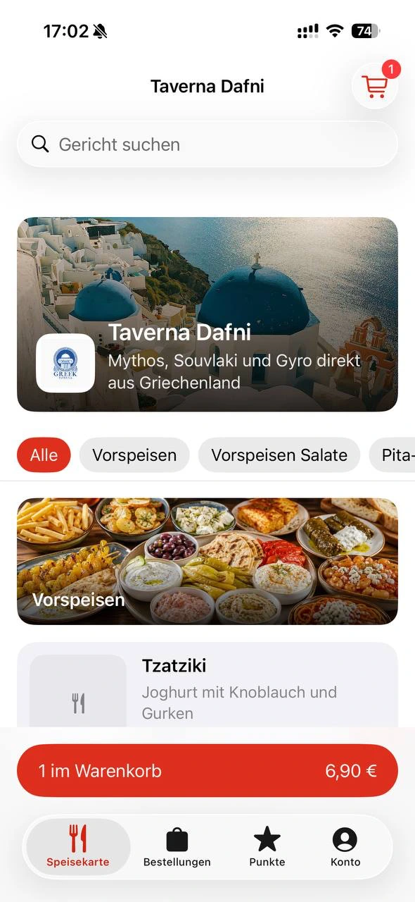 Taverna Dafni in the iOS app with menu, shopping cart, orders, points and account