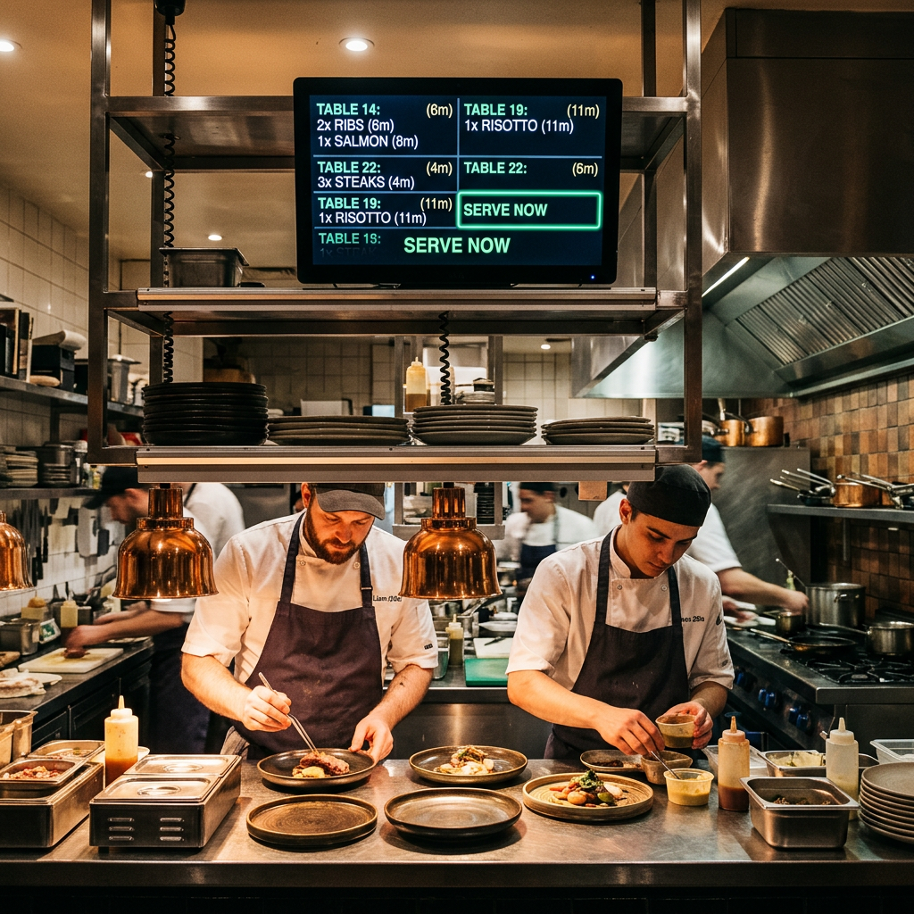 Kitchen display system above the pass shows orders for the kitchen team
