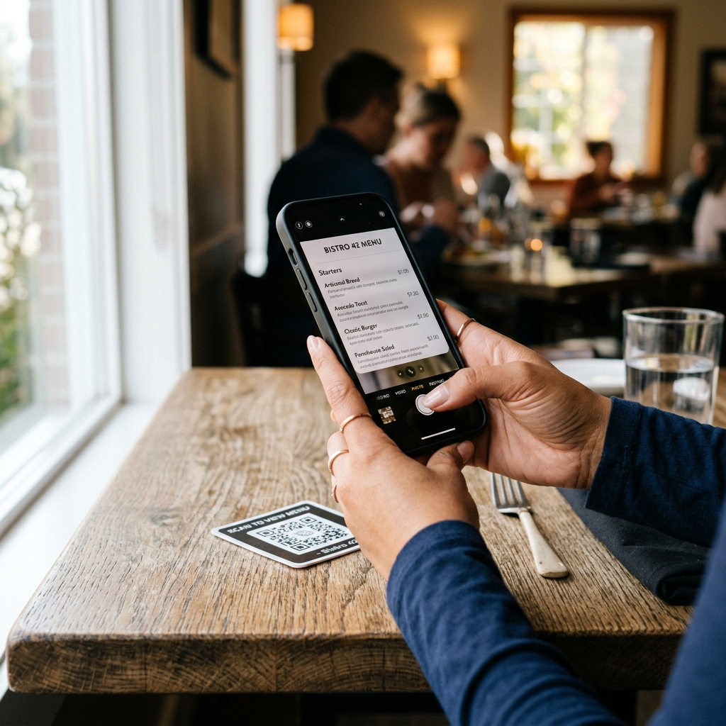 Restaurant guest scans QR code on the table to take digital order
