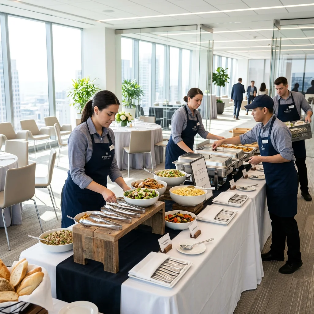 Catering-Team richtet ein Buffet in einem hellen Konferenzraum ein