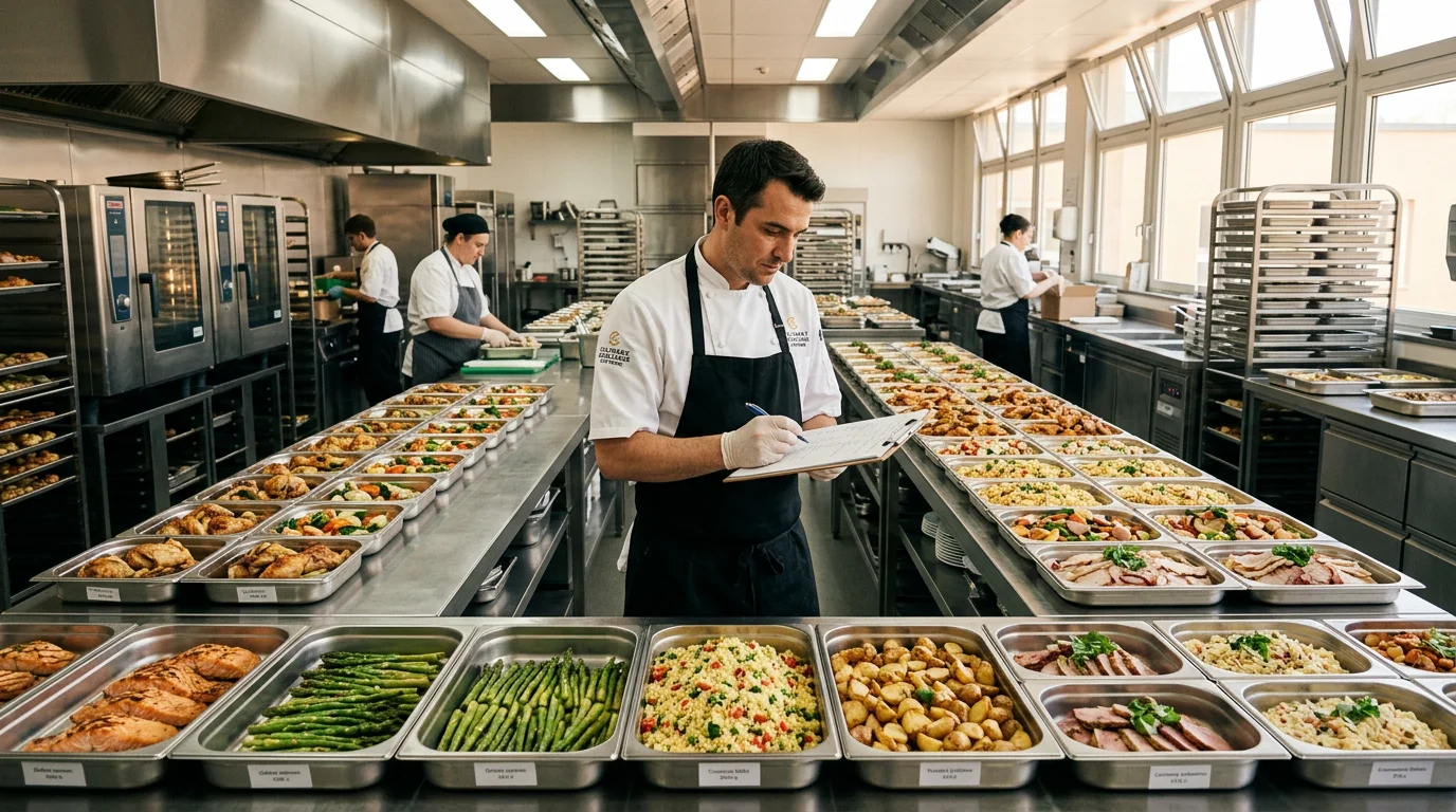 Caterer arrangiert portionierte Speisen in Edelstahlbehältern in einer Profiküche