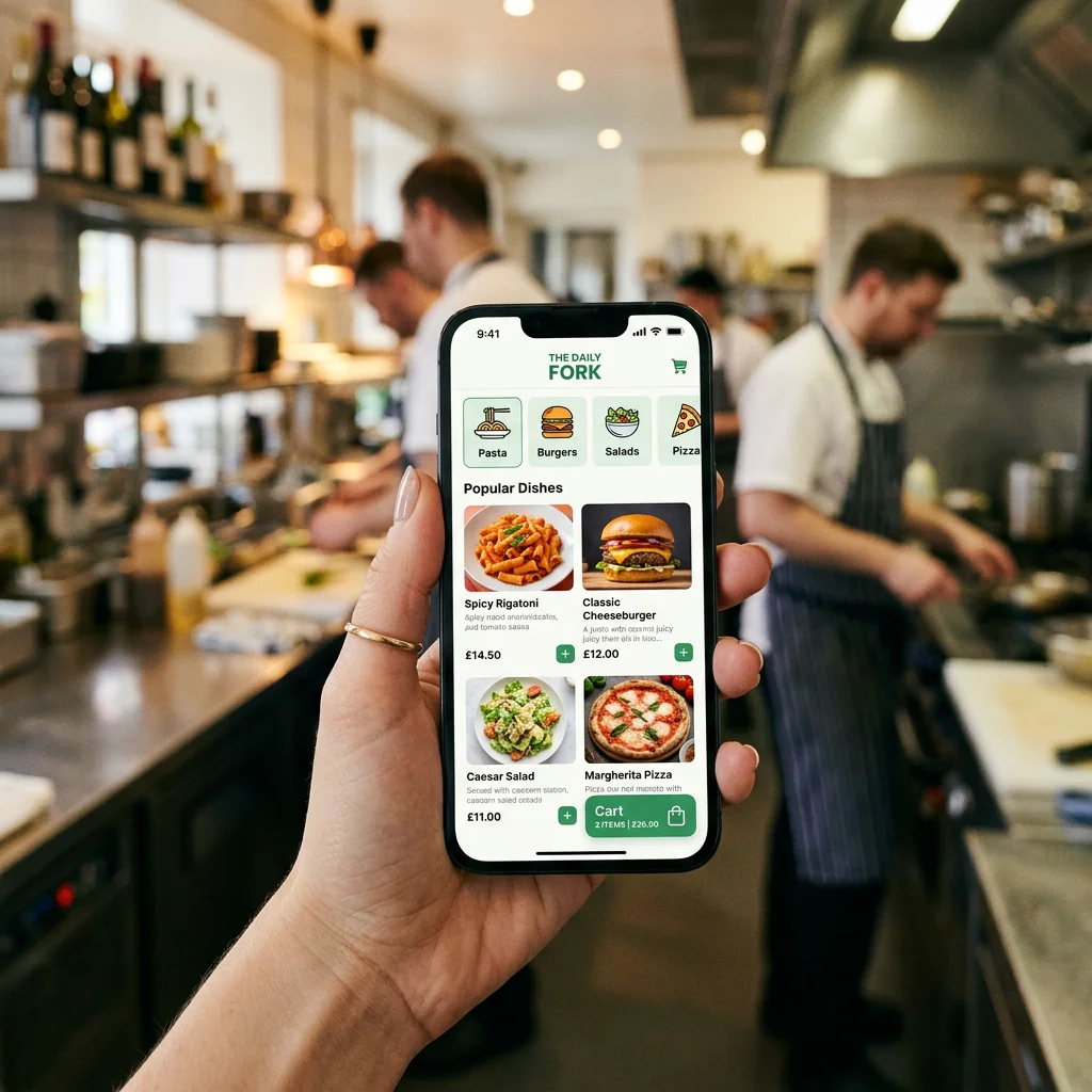 Smartphone mit mobilem Bestellshop, der Kategorien, Gerichte mit Preisen und den Warenkorb zeigt, dahinter die Küche