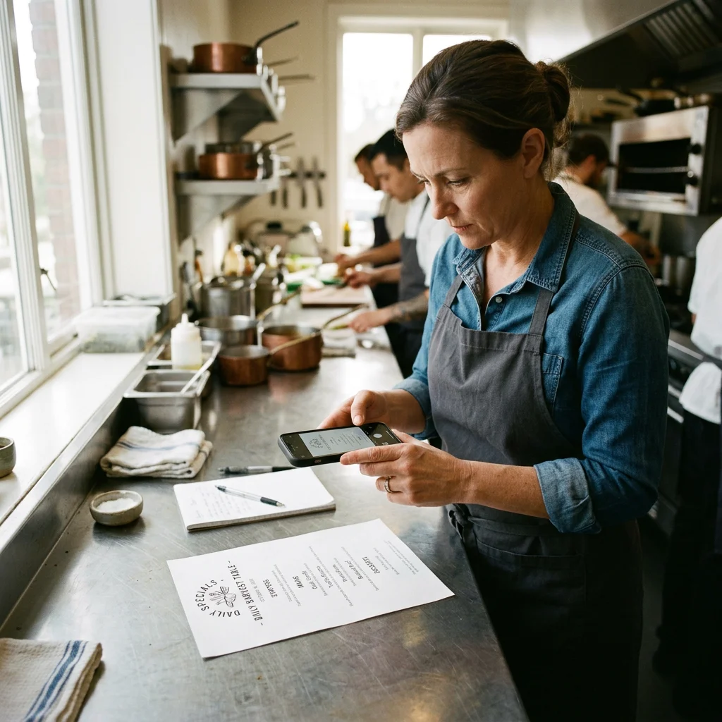 Restaurantleiterin fotografiert die gedruckte Speisekarte mit dem Smartphone für den KI-Import