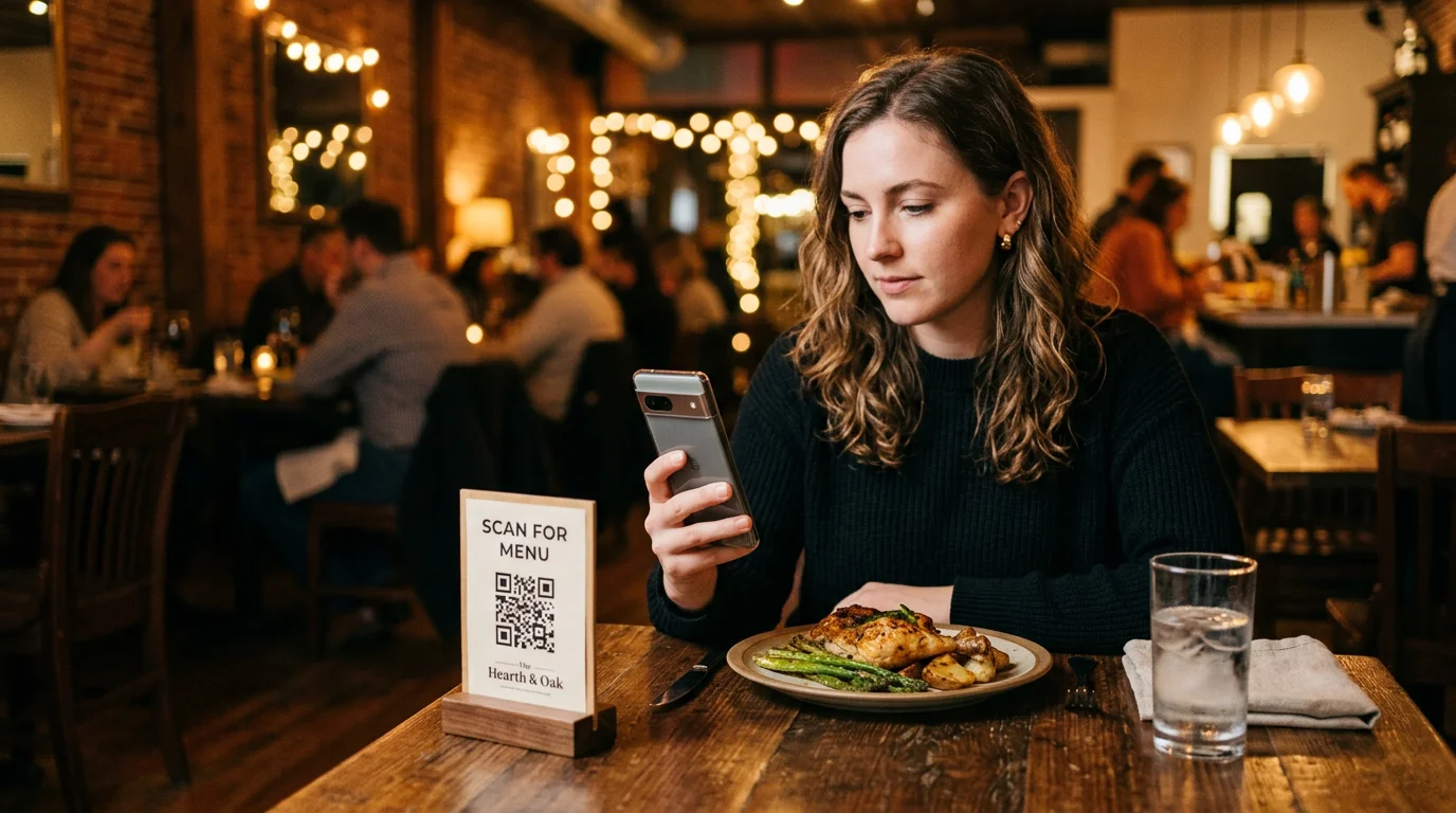 Aufsteller mit QR-Code zur Speisekarte auf einem Restauranttisch, dahinter blickt eine Frau auf ihr Handy