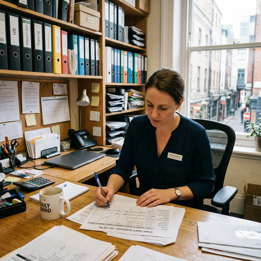 Restaurantmanagerin prüft im Büro den Dienstplan für das Servicepersonal