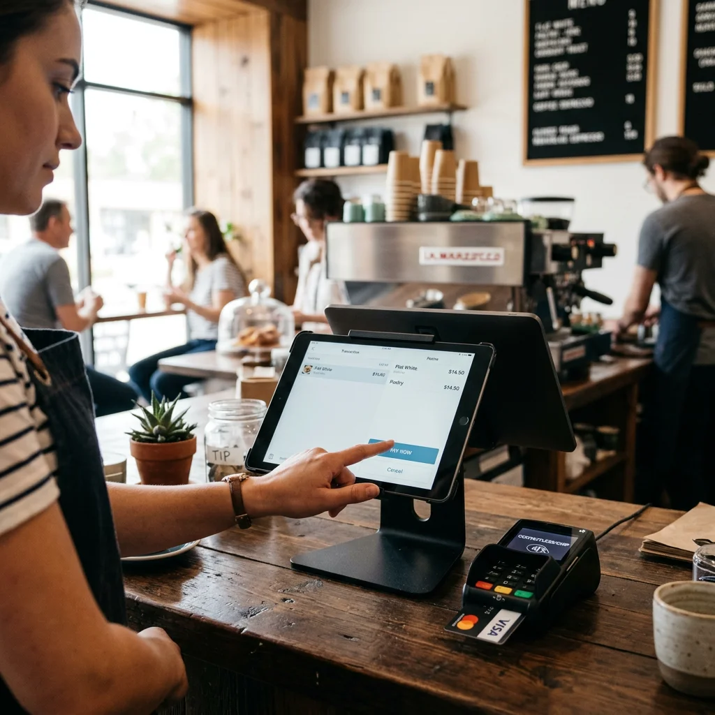 Tablet-Kasse mit Kartenterminal an einem Tresen bei der Zahlungsabwicklung