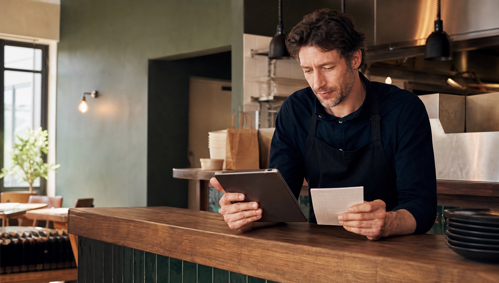 Restaurant owner compares digital ordering methods at his counter