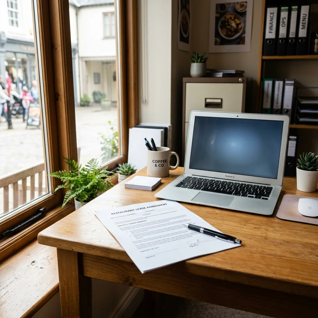 Restaurantbüro mit Vertragsunterlagen und Laptop zur Datenschutzprüfung