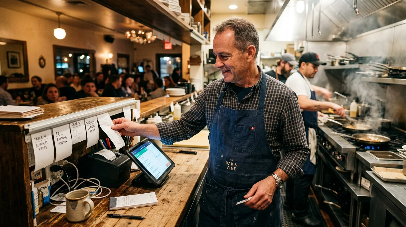 Gastronom prüft eingehende Online-Bestellungen auf einem Tablet hinter dem Tresen