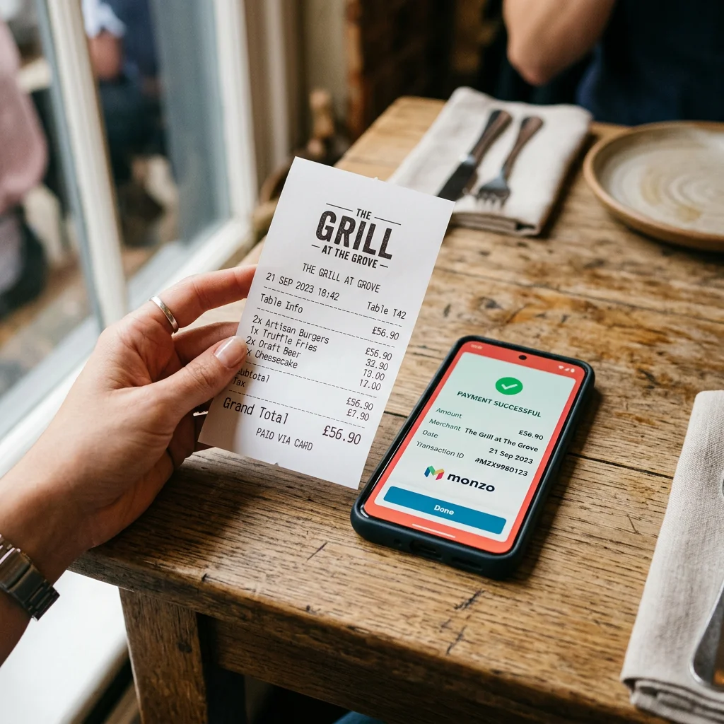 Kassenbon und Smartphone mit Zahlungsbestätigung einer Online-Bestellung