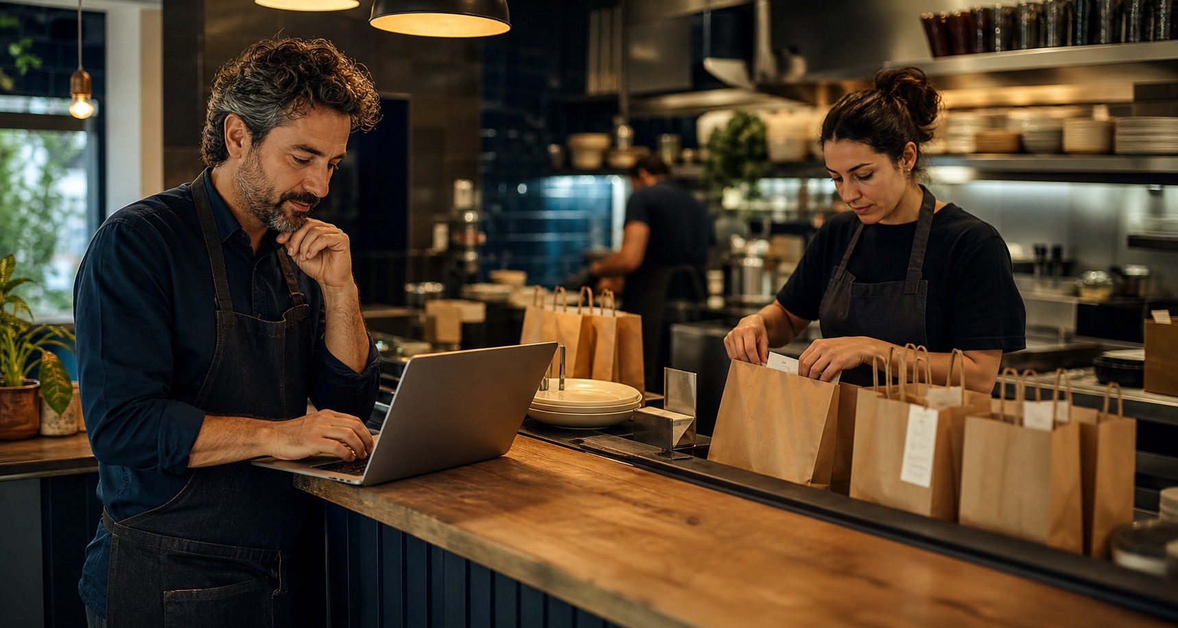 Restaurant team processes their own online orders on their laptops and packs pick-up orders