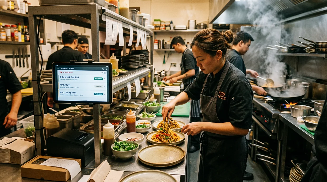 Restaurantküche mit Tablet für Lieferbestellungen im laufenden Betrieb
