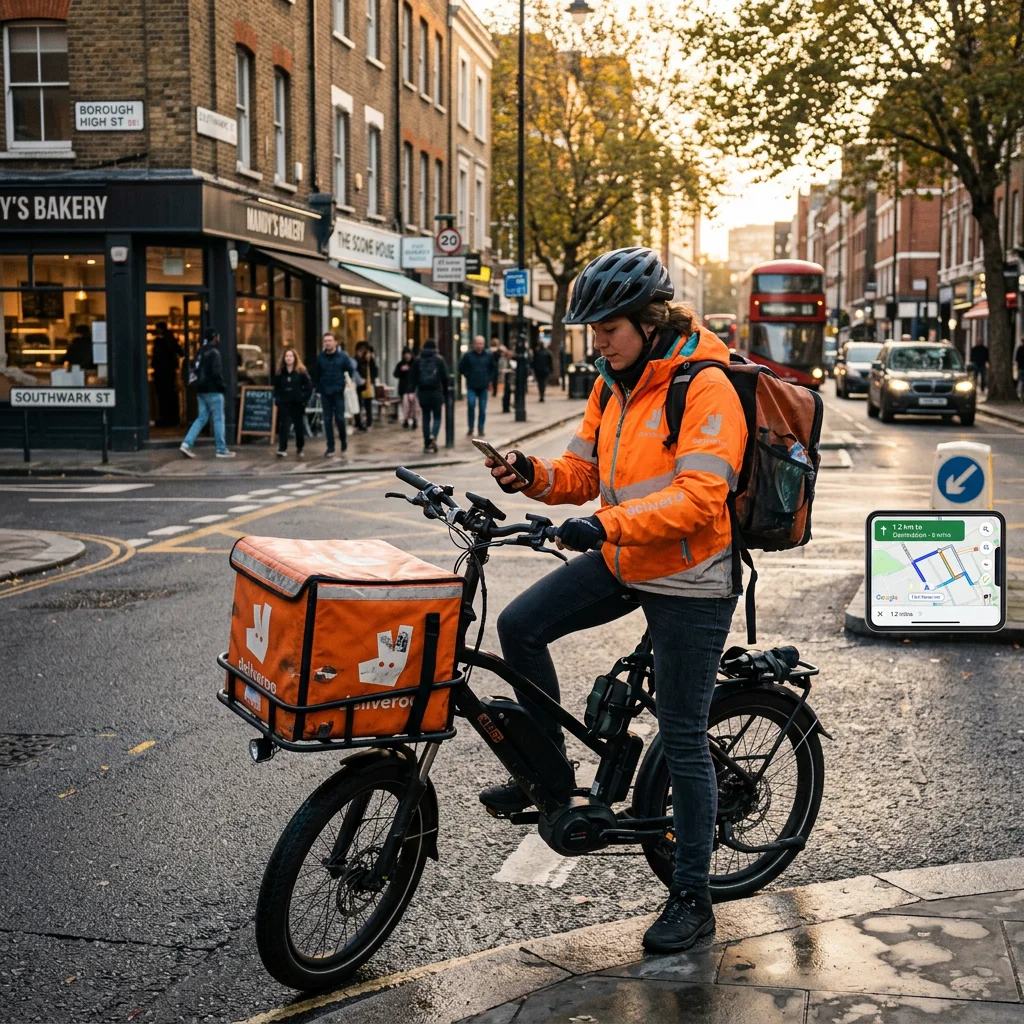 Lieferfahrer auf einem Lastenrad prüft die Route auf dem Smartphone im Stadtgebiet