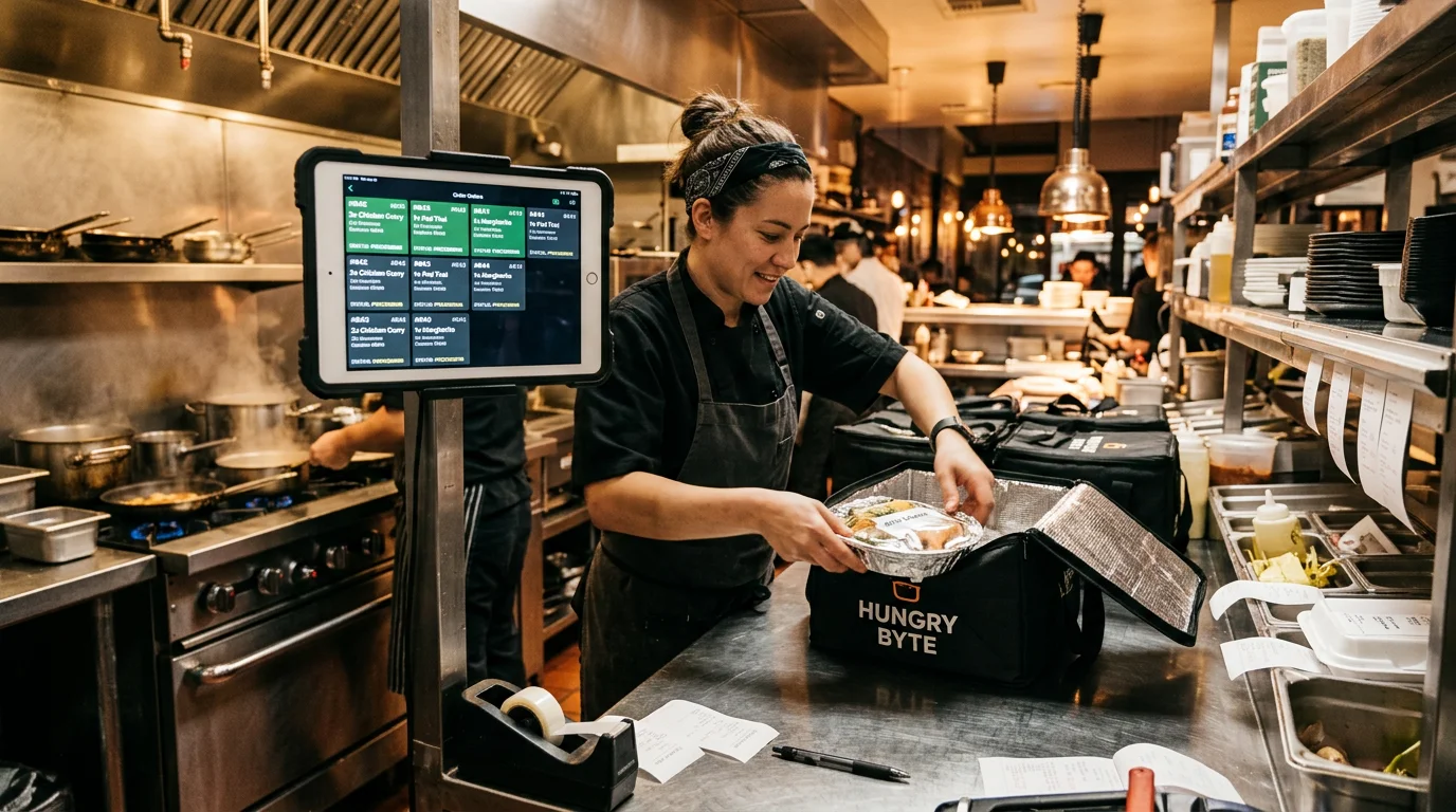 Restaurantküche mit Liefertaschen und Bestelltablet während des Lieferbetriebs