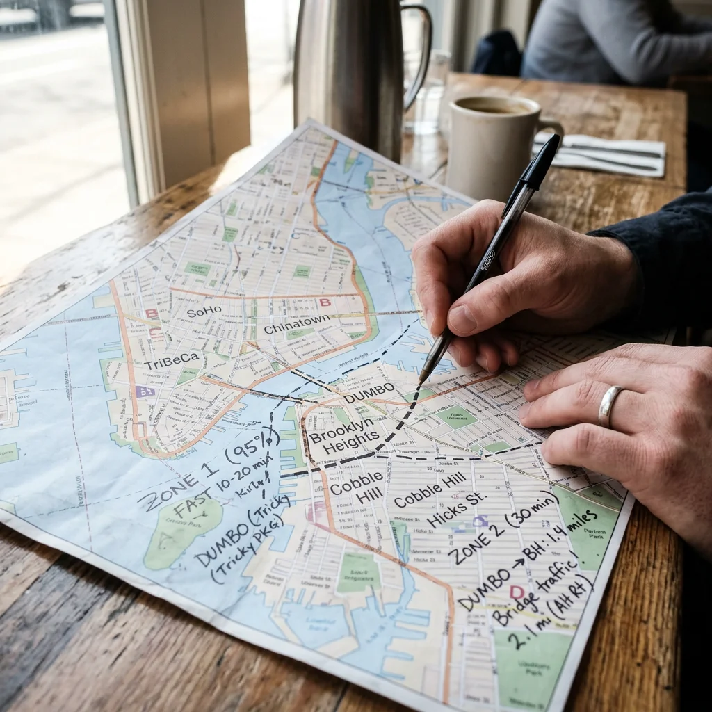 Liefergebietskarte mit eingezeichneten Zonen und handschriftlichen Notizen