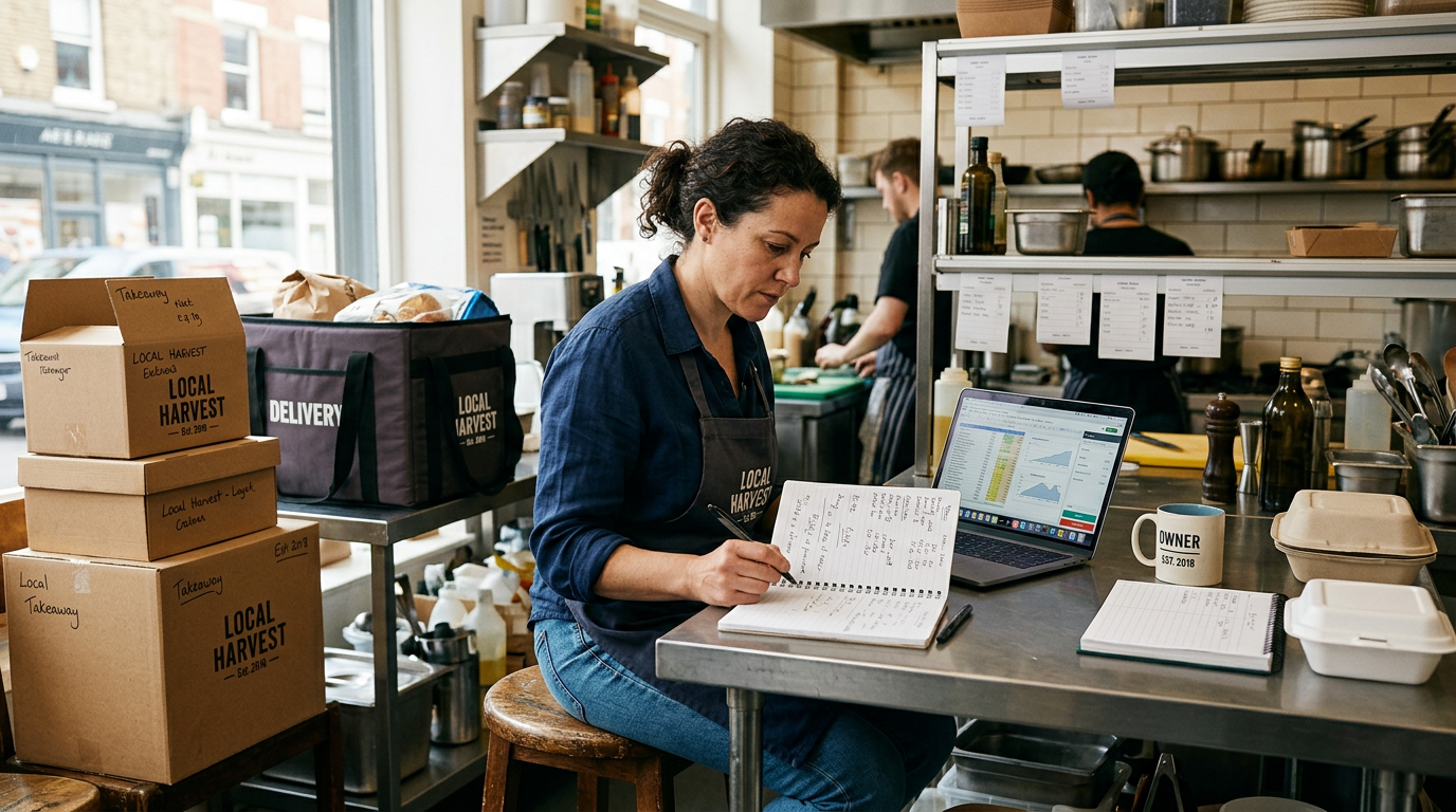 Restaurantbesitzer plant Lieferservice am Küchentisch mit Laptop und Notizen