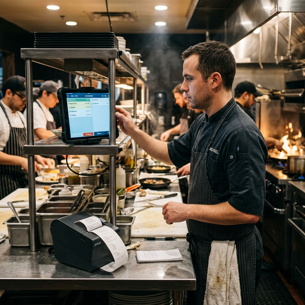 Female chef checks orders on kitchen screen near receipt printer in professional restaurant kitchen