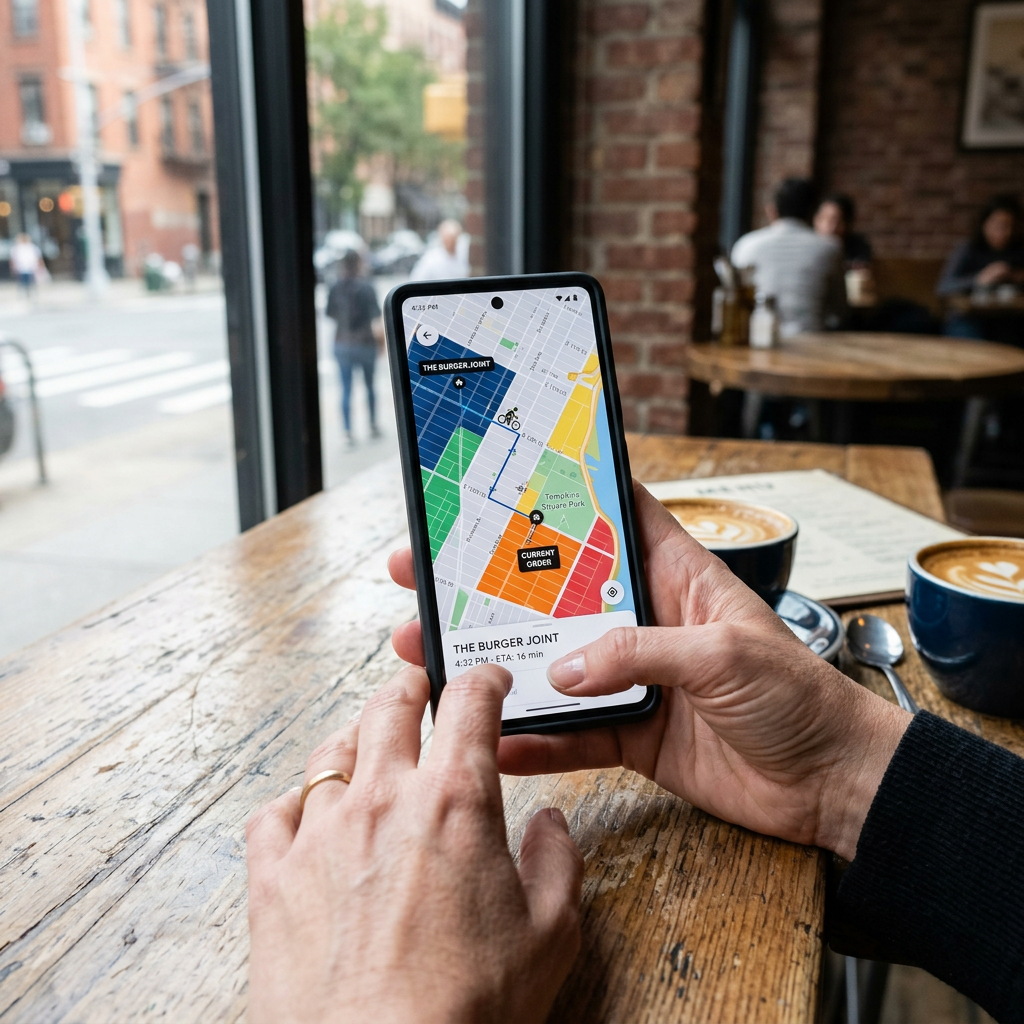 Smartphone with delivery zones marked in color on a city menu in a person's hand