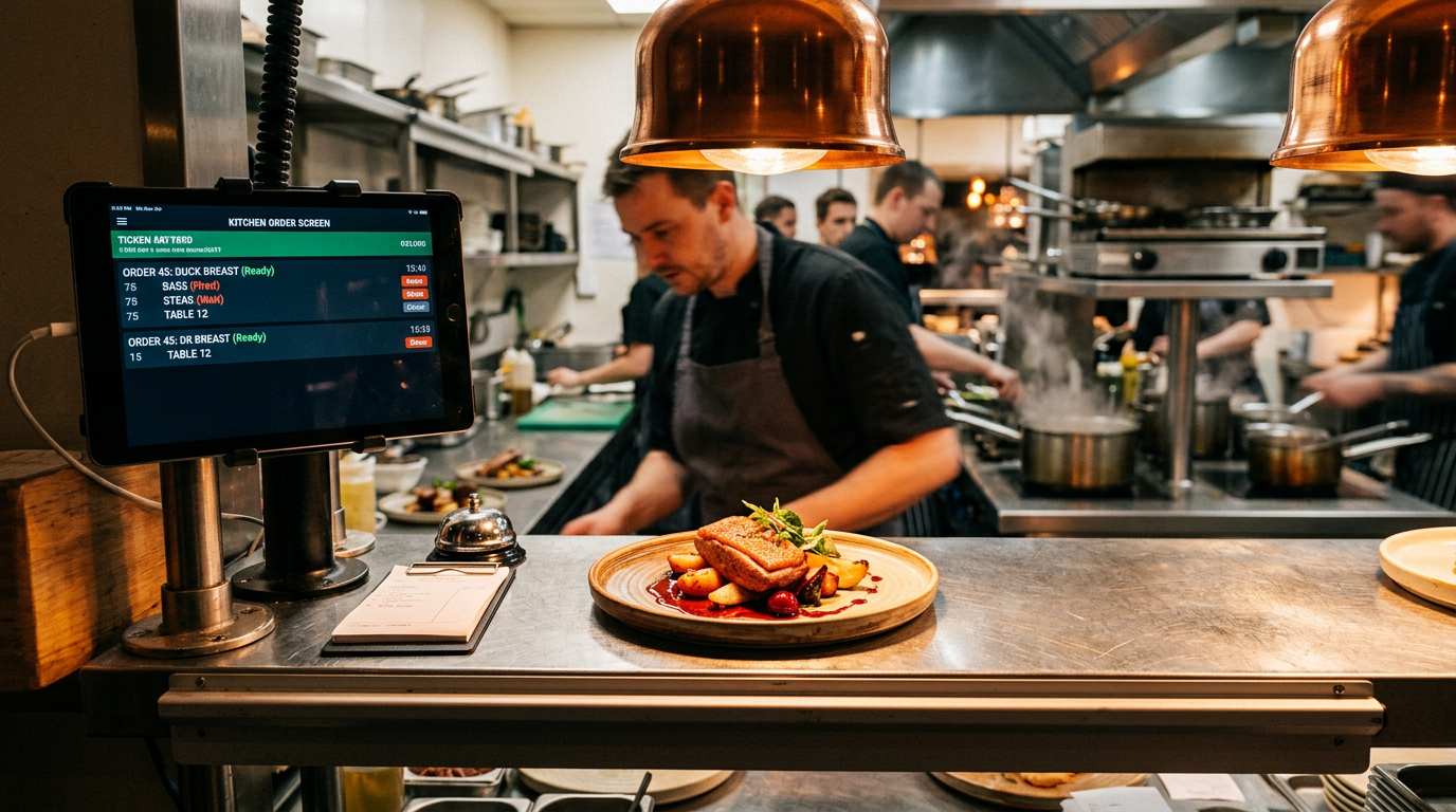 Ready prepared dish on the pass of a restaurant kitchen with a tablet in the background