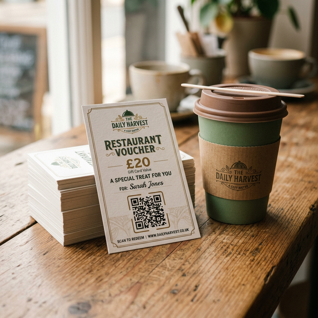 Personalized voucher cards with QR codes on wooden surface