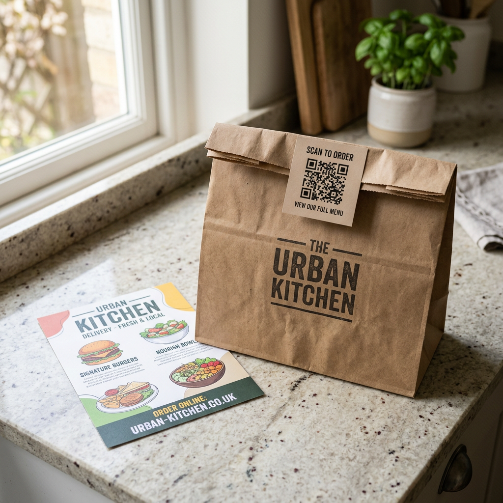 Delivery package with flyer and QR code card on kitchen counter