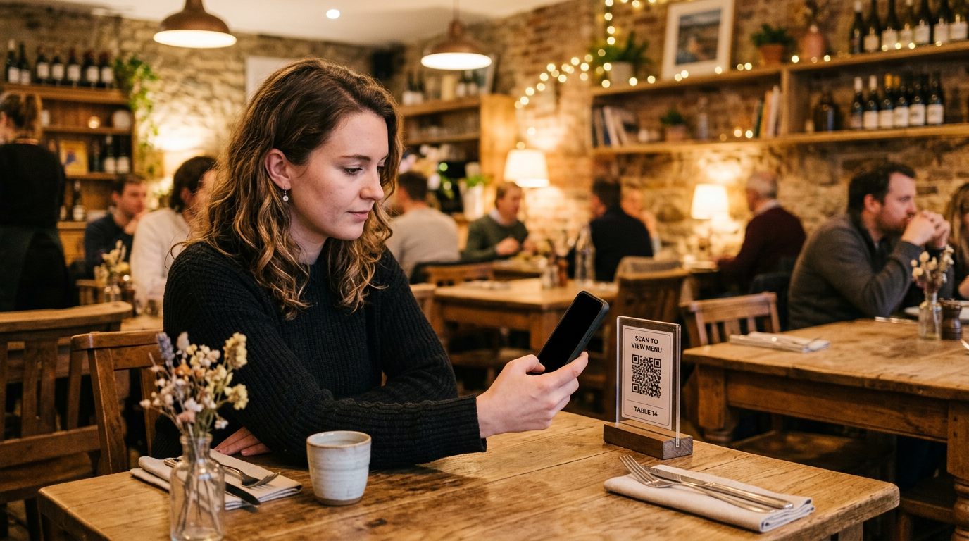 Restaurant guest scans QR code at the table with smartphone