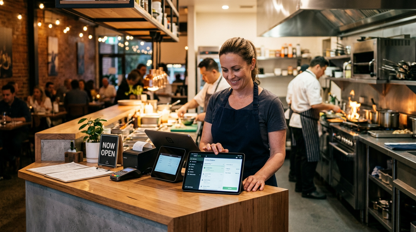 Restaurant owner using tablet for own online online ordering website in restaurant