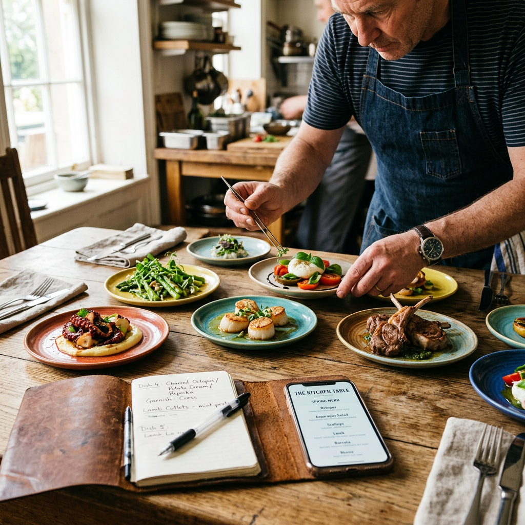 Chef prepares dishes and maintains digital menu on smartphone