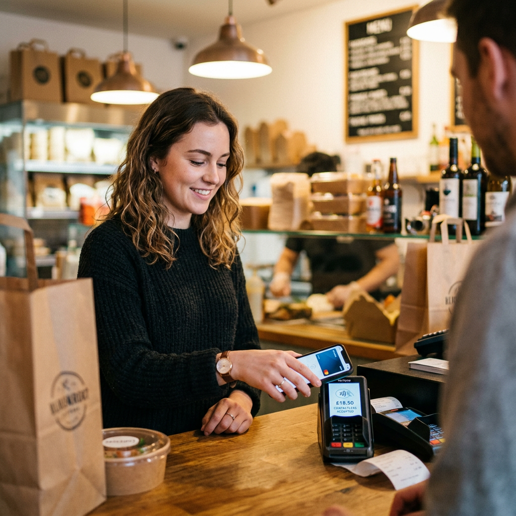 Customers pay contactlessly at the restaurant cash register using their smartphone