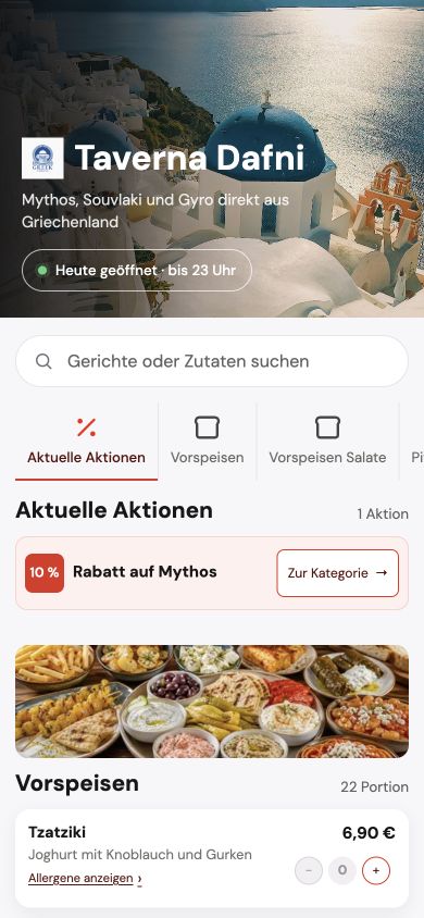 Taverna Dafni's mobile live online ordering website with menu and current promotions.